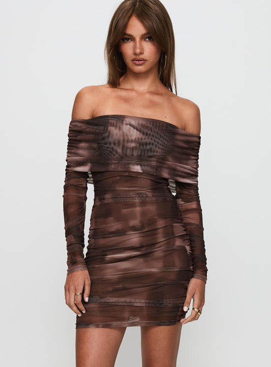 Raquella Long Sleeve Mini Dress Brown