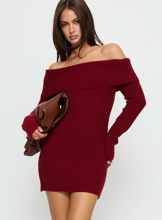 Noriko Long Sleeve Knit Mini Dress Burgundy