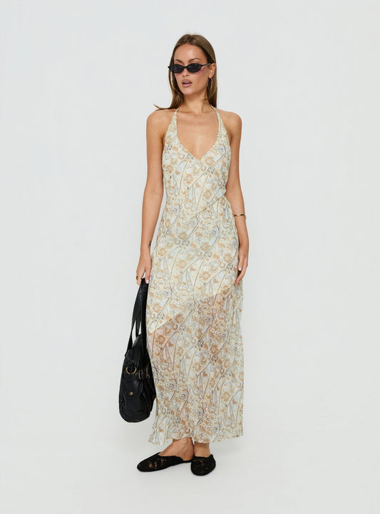 Noemi Halter Low Back Maxi Dress Cream Paisley