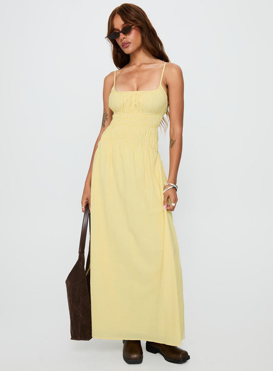 Magnolie Shirred Maxi Dress Yellow Stripe
