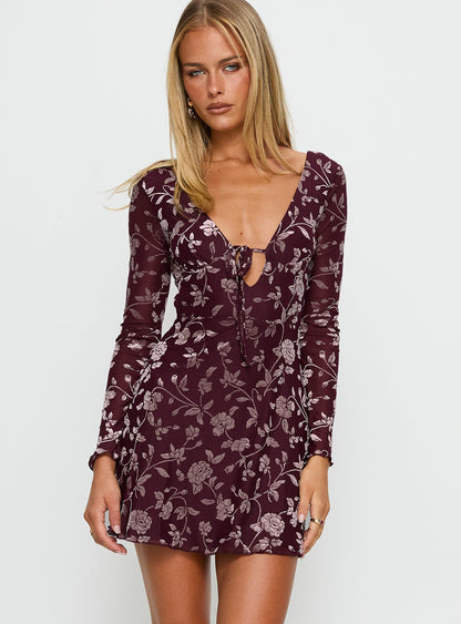 Raylena Long Sleeve V-neck Mini Dress Burgundy Floral