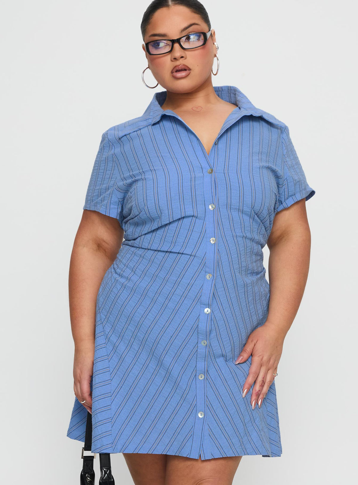 Saydie Button Down Mini Dress Blue Stripe Curve