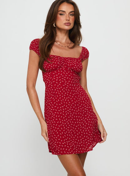 Tricia Cap Sleeve Mini Dress Red Floral