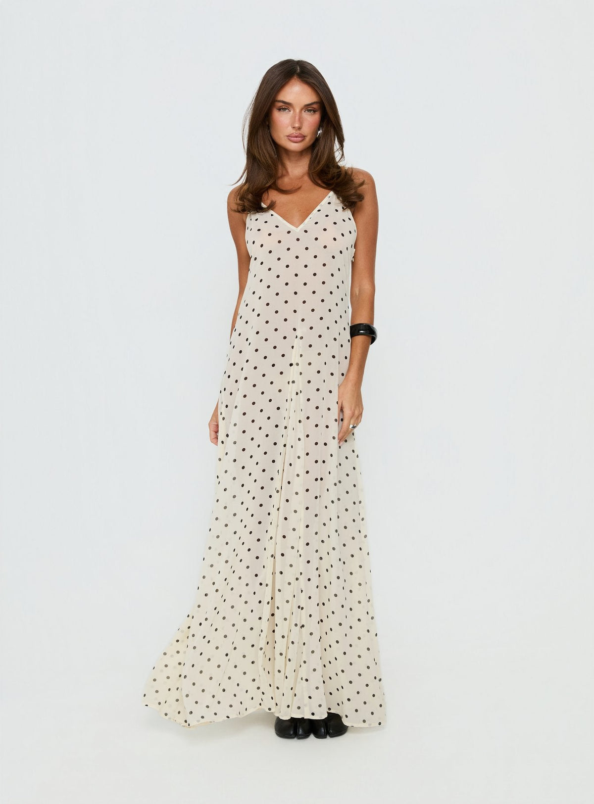Loulah Sheer Chiffon Maxi Dress Cream Polka Dot