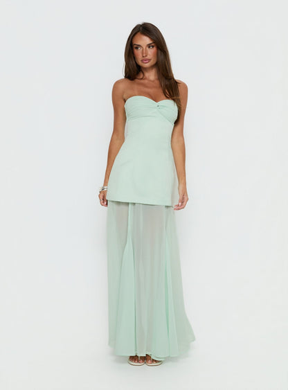 Flashy Sheer Chiffon Strapless Maxi Dress Green