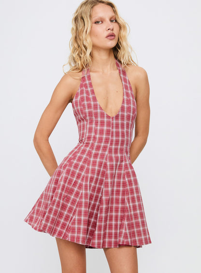 Out Of Nowhere Halter Mini Dress Red Check