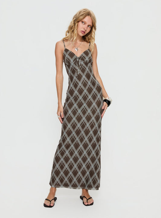 Idaline V Neck Maxi Dress Brown Check
