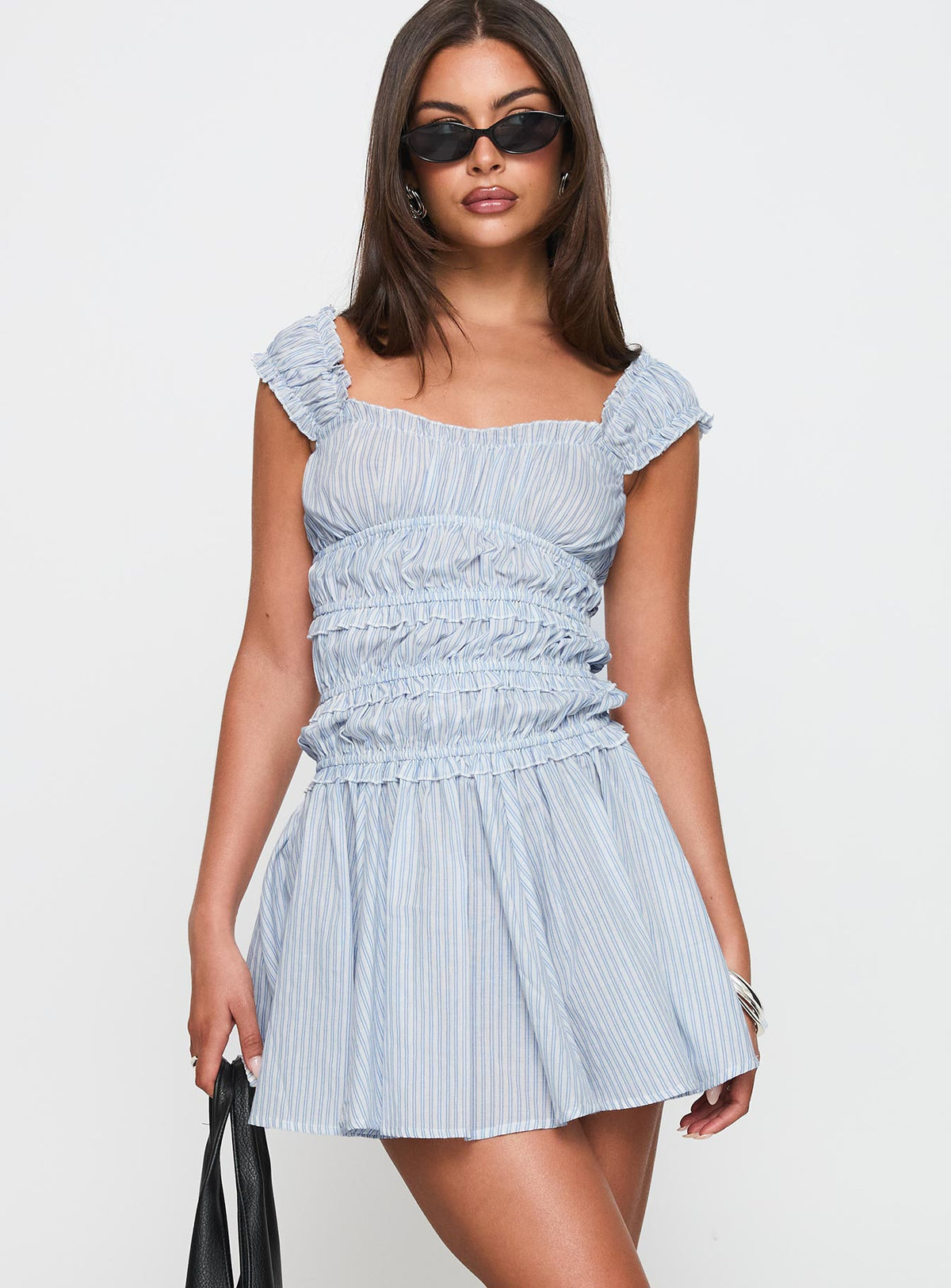Wonderlust Shirred Mini Dress Blue Stripe