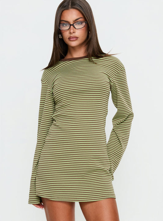 Lulolah Long Sleeve Mini Dress Green / Chocolate Stripe