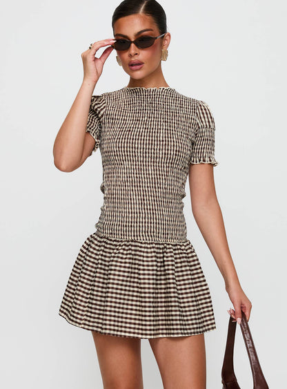Laurita Shirred Mini Dress Brown Check Tall