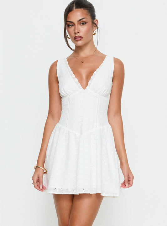Thinking Bout You Lace Trim Sleeveless Mini Dress White