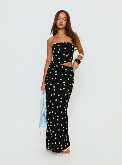 Jasira Strapless Drape Maxi Dress Black Polka Dot