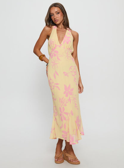 Alayla Halter Midi Dress Yellow Floral