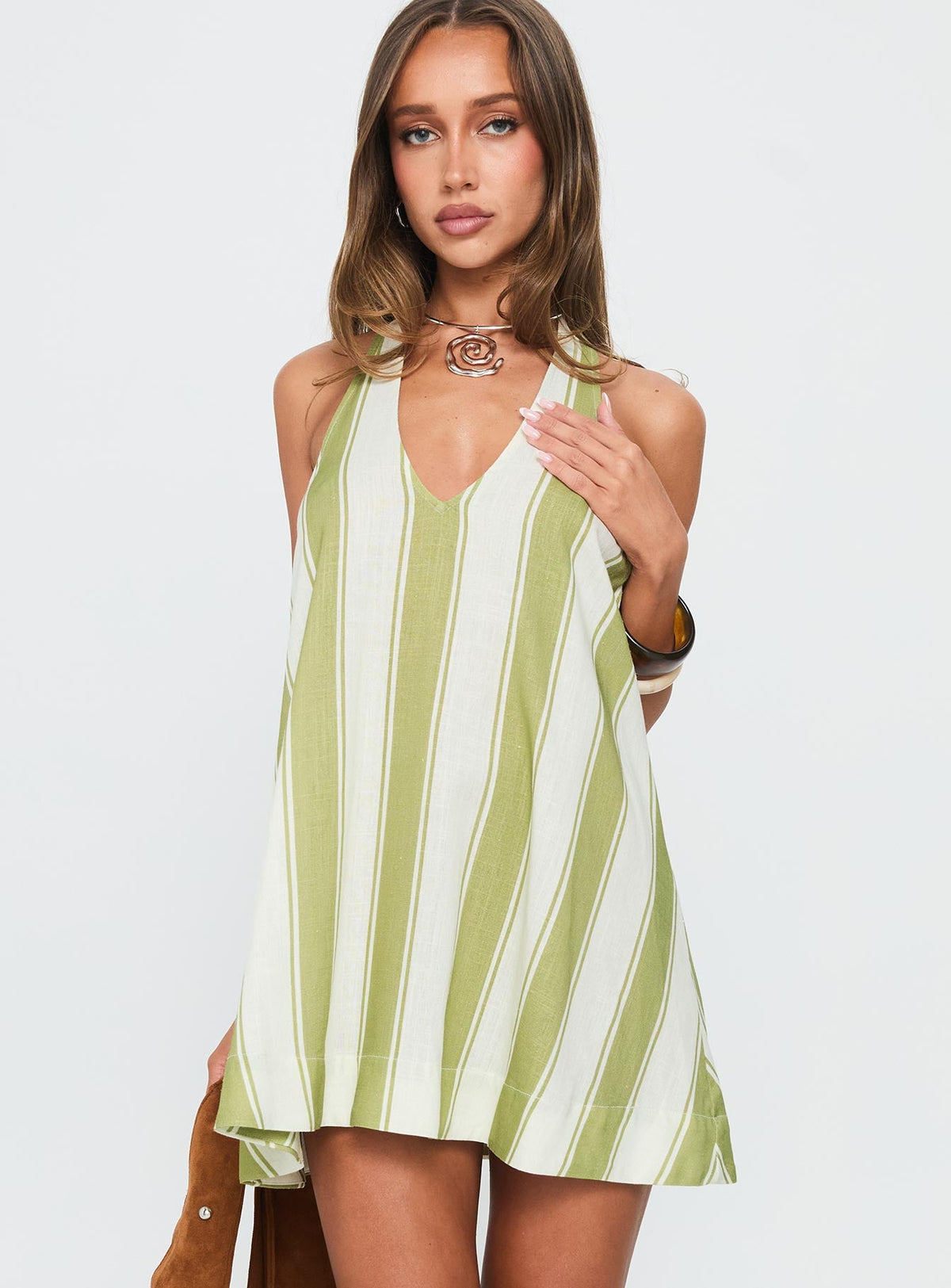 Khaia Halter Mini Dress Green / Cream Stripe