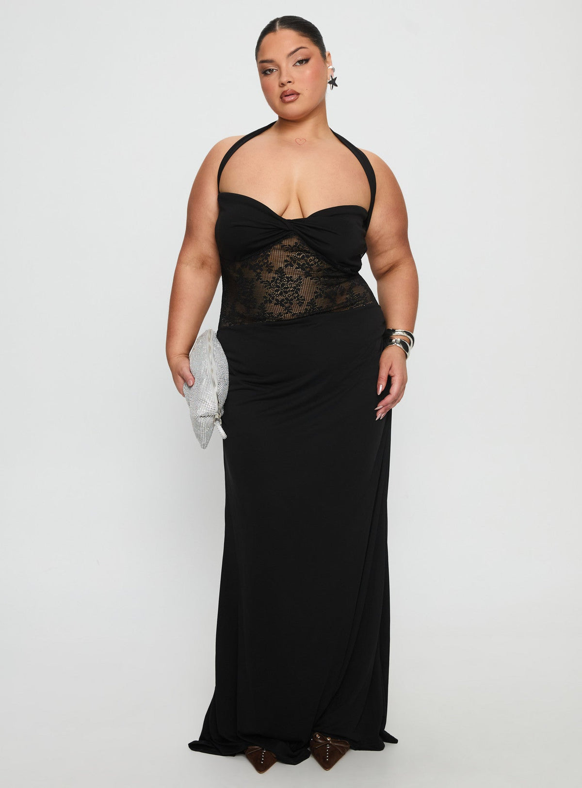 Adalyne Lace Halter Maxi Dress Black Curve
