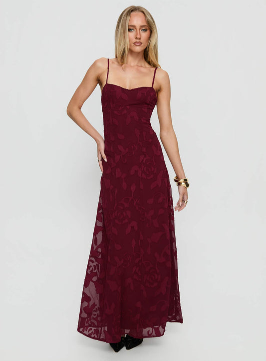 Leading Lady Sweetheart Maxi Dress Red Floral Burnout