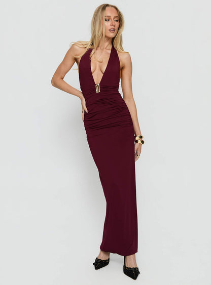 Best In Show Halter Hardware Maxi Dress Burgundy