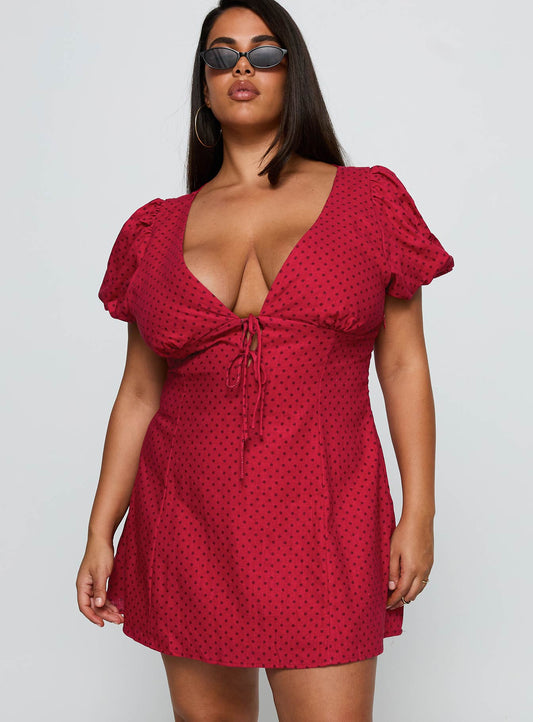 Beloved Puff Sleeve Linen Blend Mini Dress Red Polka Curve