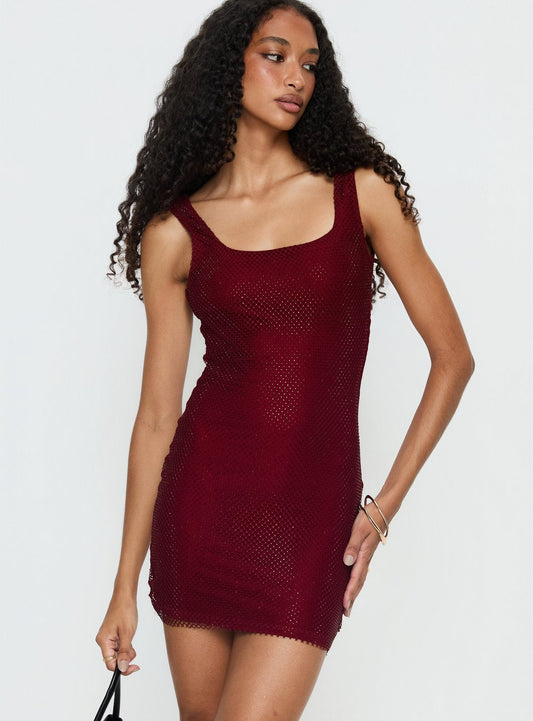 Epiphanies Net Mini Dress Burgundy