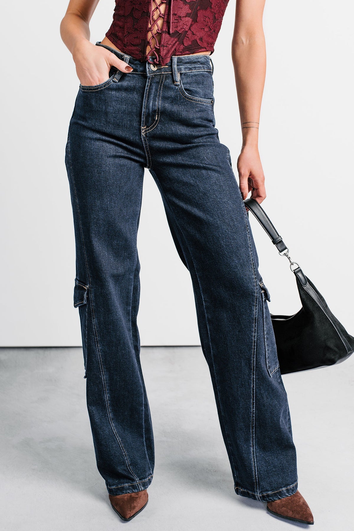 Crosby Wide Leg Mica Denim Cargo Jeans (Dark Wash)