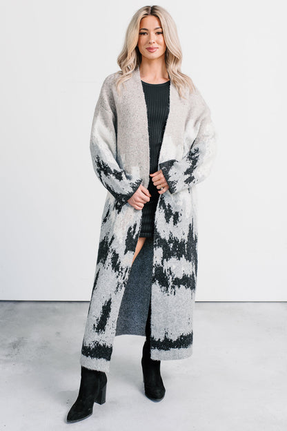 Alpine Trail Abstract Mountain Duster Cardigan (Oatmeal)