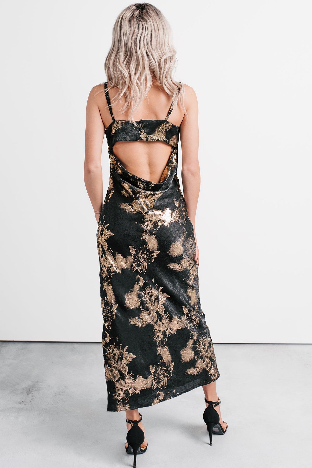 Love Bomb Cutout Back Floral Maxi Dress (Black/Gold)