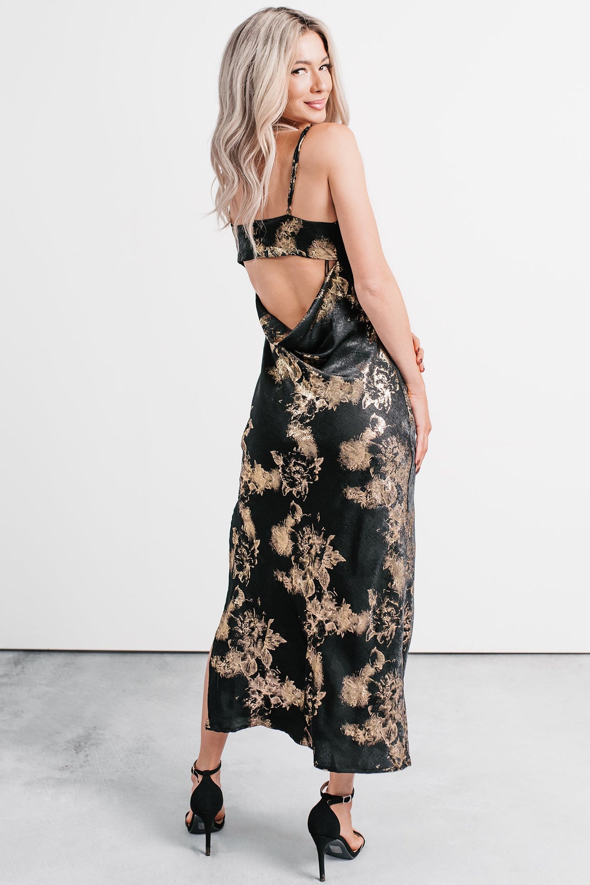 Love Bomb Cutout Back Floral Maxi Dress (Black/Gold)