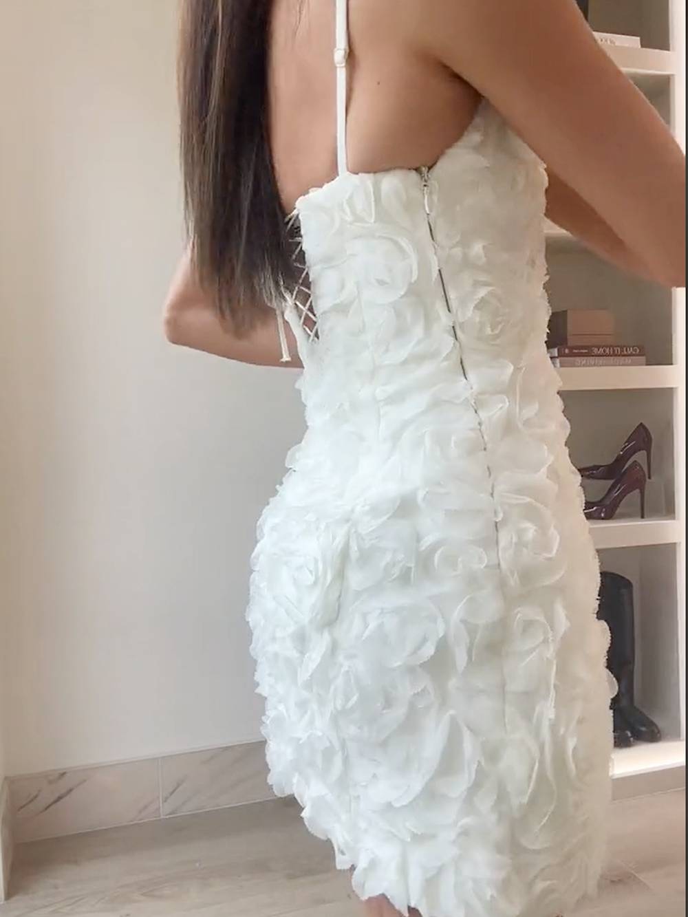 Floral-Appliqué Corset Mini Dress in White