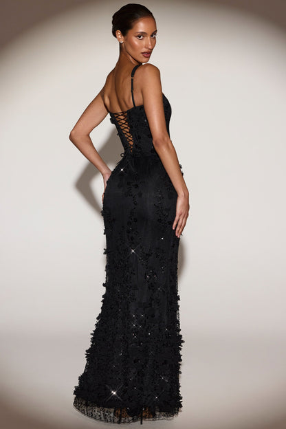 Embellished Appliqué Soft-Scoop Corset Gown in Black