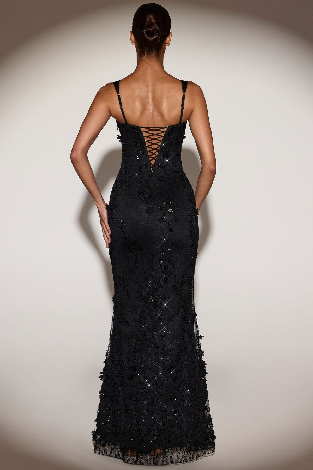 Embellished Appliqué Soft-Scoop Corset Gown in Black