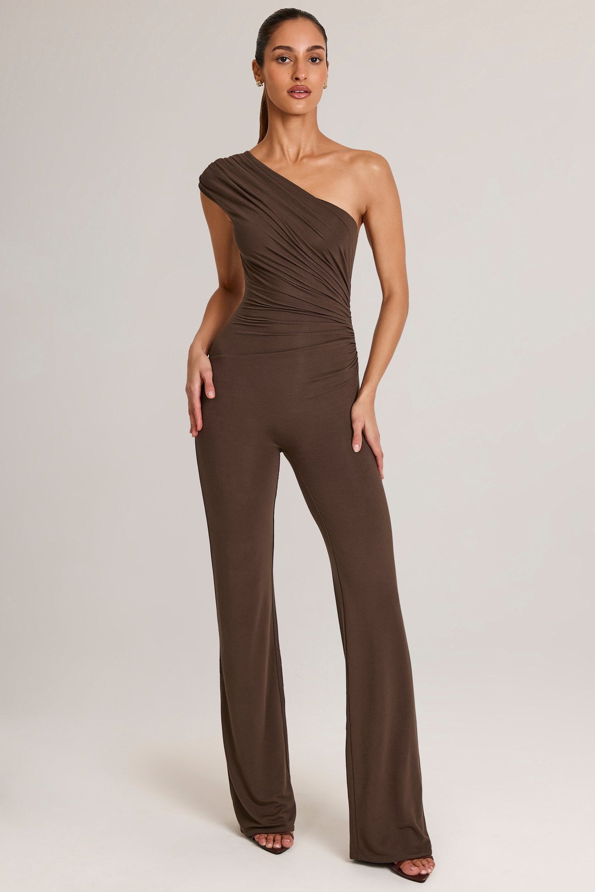 Modal One-Shoulder Jumpsuit in Chocolate Brown