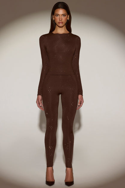 Embellished Crew-Neck Long-Sleeve Top in Chocolate Brown