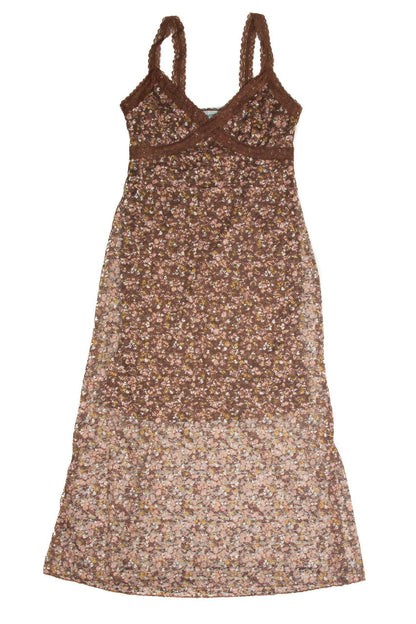 Brown Lace Trim Printed Midi Dress