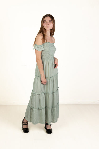 Spring Green Over The Shoulder Tiered Maxi Dress