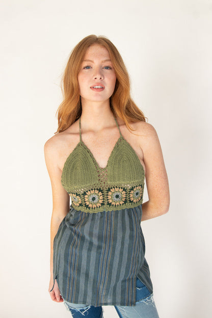 Crochet Top Striped Skirt Mini Dress