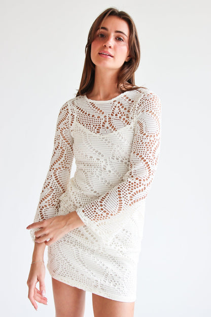 Bell Sleeve Crochet Dress With Slip