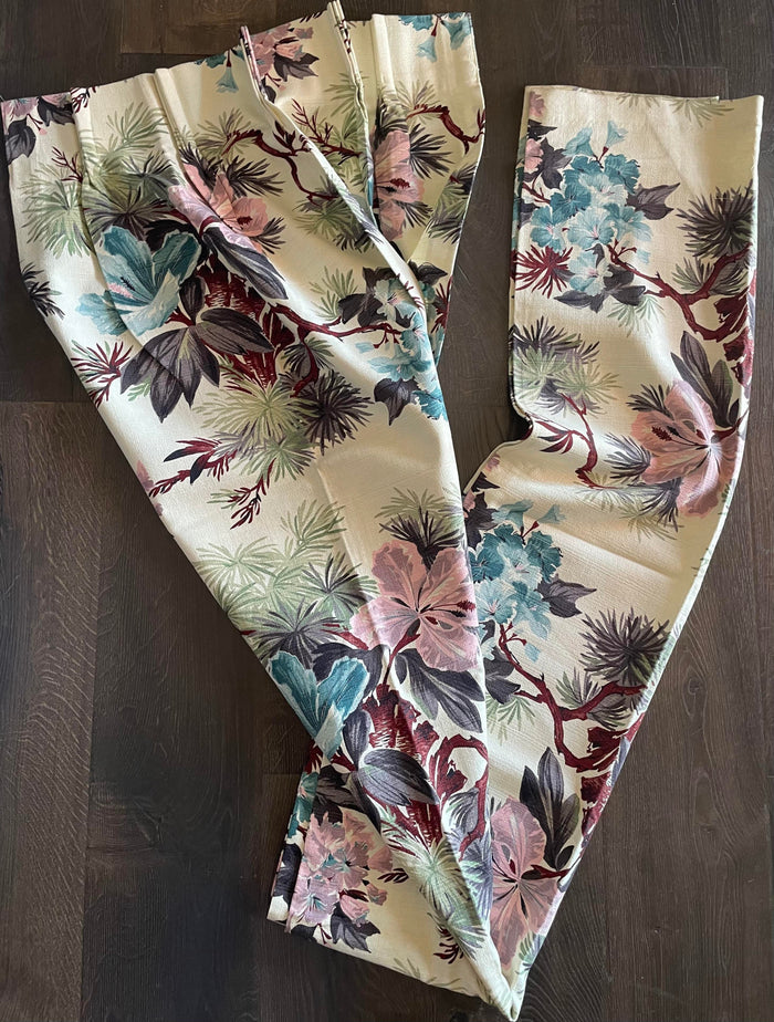 1950s Bark Cloth Botanical Drapery Panel - Annabel Bleu