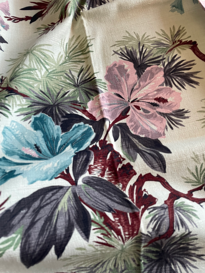 1950s Bark Cloth Botanical Drapery Panel - Annabel Bleu