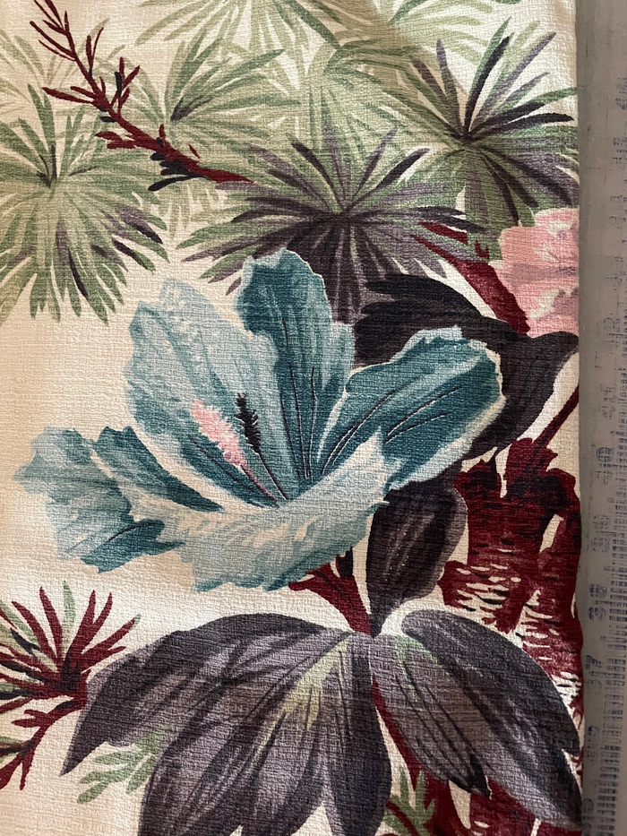 1950s Bark Cloth Botanical Drapery Panel - Annabel Bleu