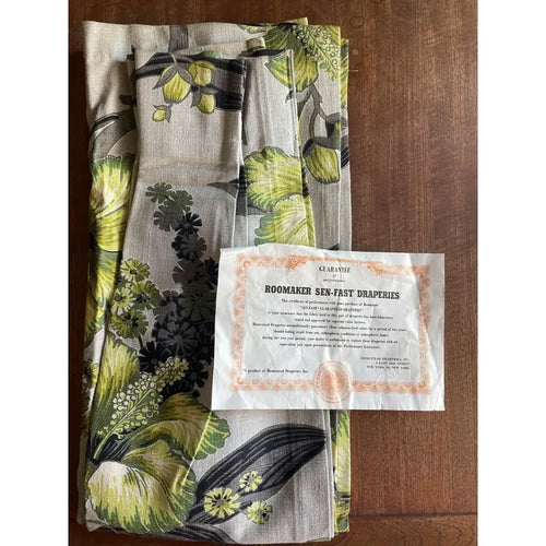 1950’s Grey and Lime Hawaiian Tiki Style Floral Barkcloth Drapery Panel - Annabel Bleu