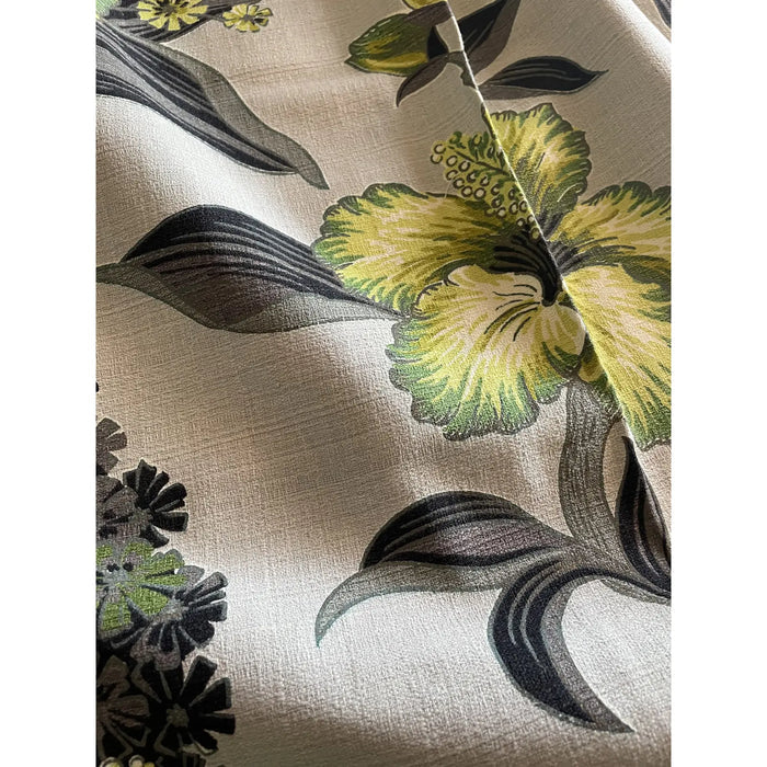 1950’s Grey and Lime Hawaiian Tiki Style Floral Barkcloth Drapery Panel - Annabel Bleu