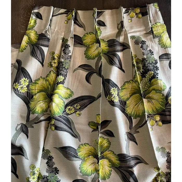 1950’s Grey and Lime Hawaiian Tiki Style Floral Barkcloth Drapery Panel - Annabel Bleu