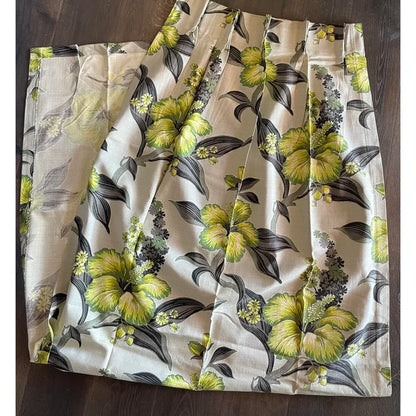 1950’s Grey and Lime Hawaiian Tiki Style Floral Barkcloth Drapery Panel - Annabel Bleu