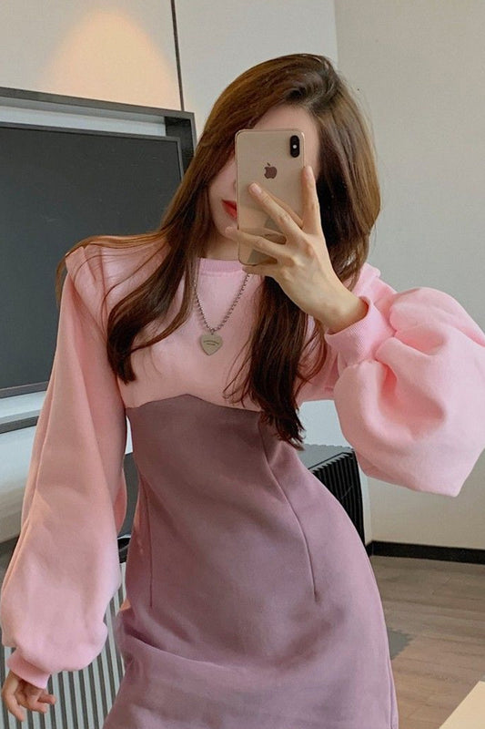 O-Neck Lantern Sleeve Office Mini Dress