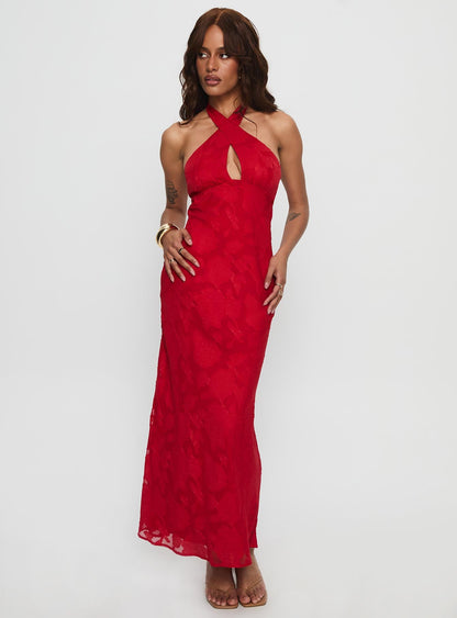 Ending Credits Halter Twist Maxi Dress Red Burnout