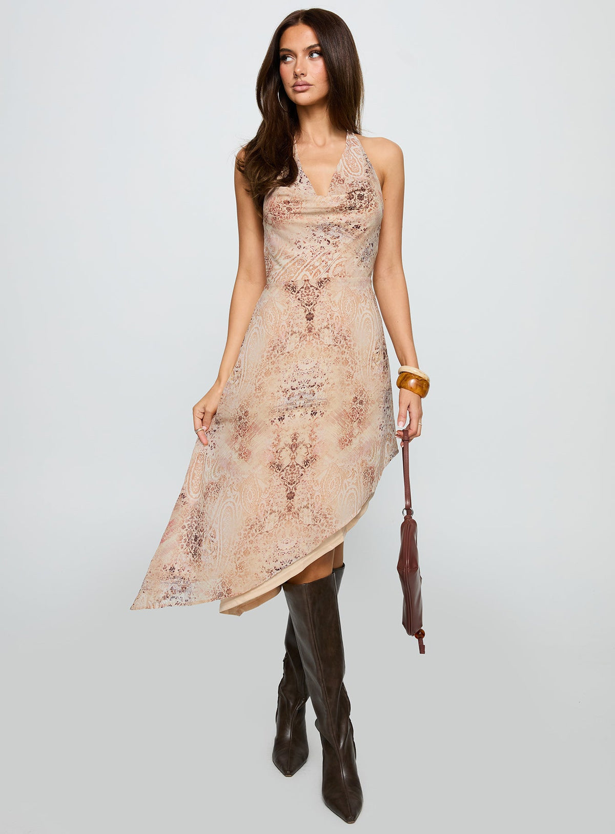 Zolena Halter Asymmetrical Midi Dress Multi