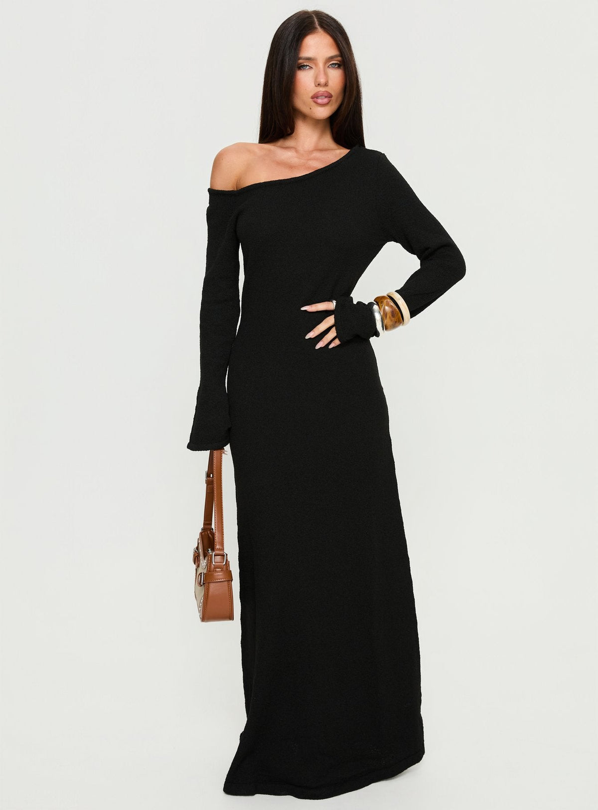 Kloey Long Sleeve Knit Maxi Dress Black