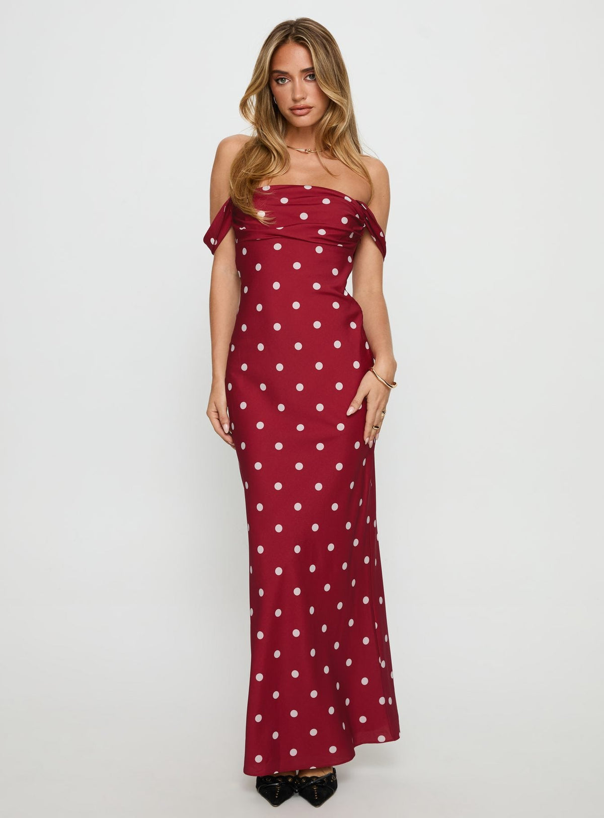End Credits Off Shoulder Pleat Maxi Dress Red / Polka Dot