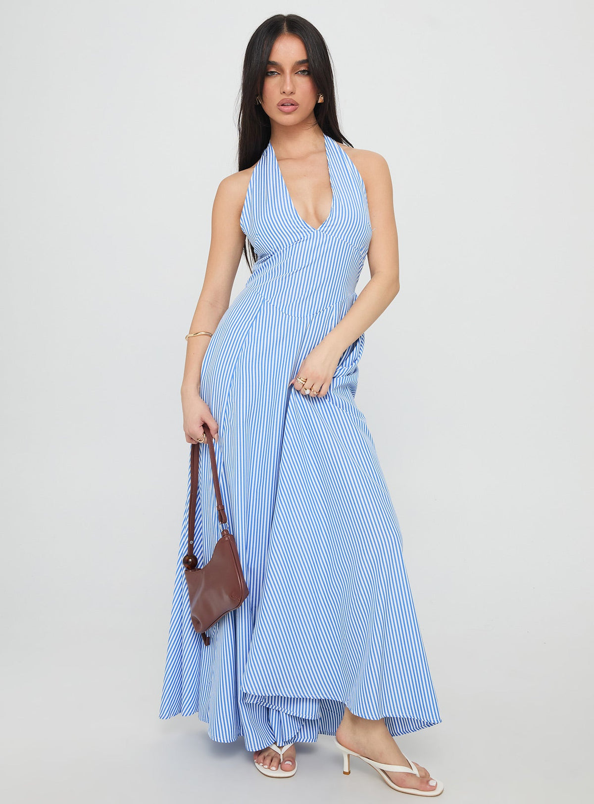 Ivie Halter Plunge Maxi Dress Blue Stripe