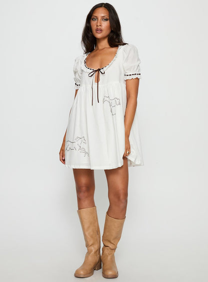 Cloudy Babydoll Contrast Trim Mini Dress White